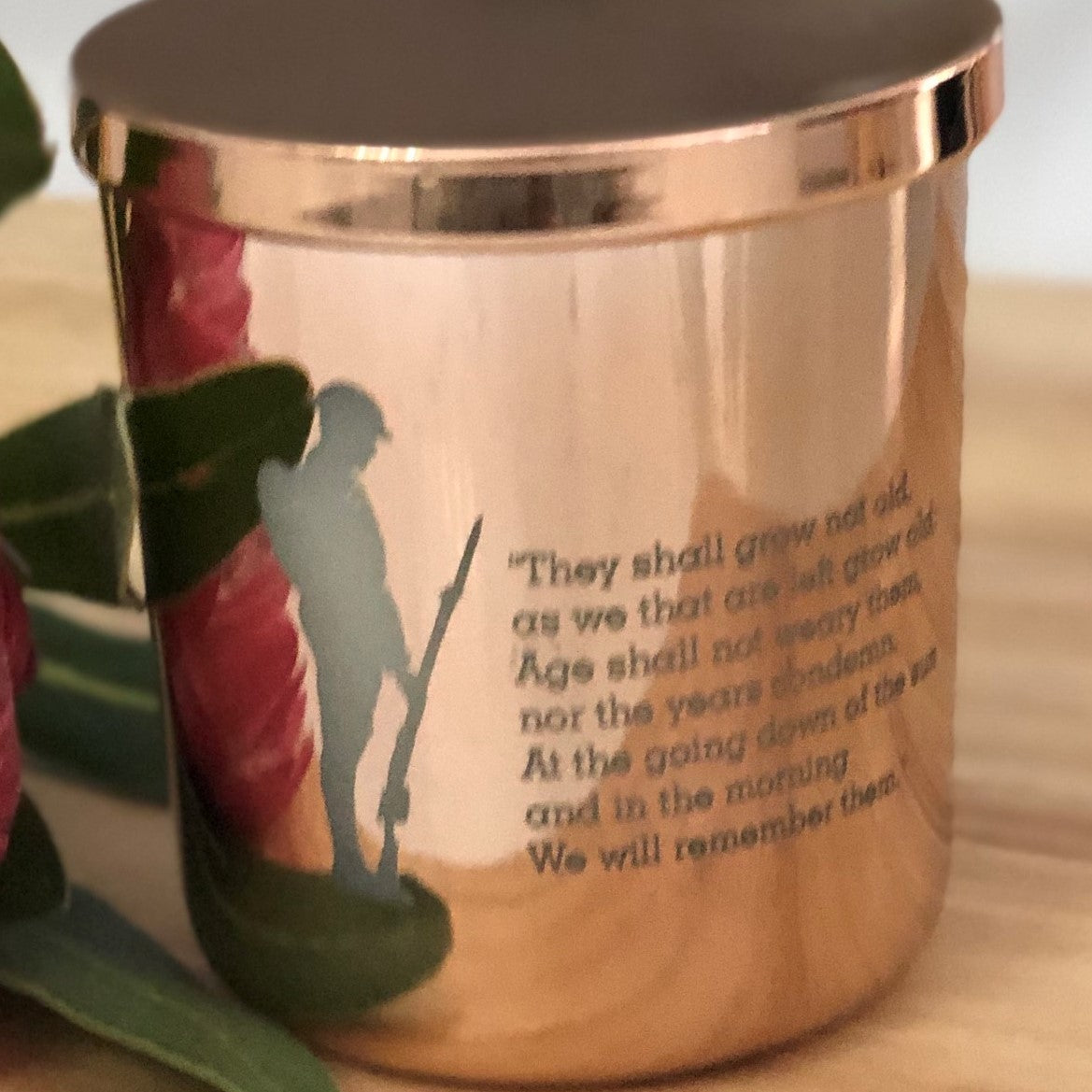 Rose gold candle jar with Anzac poem